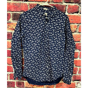 J Crew Secret Wash Stretch Button Up Floral Blue White Shirt Size Medium